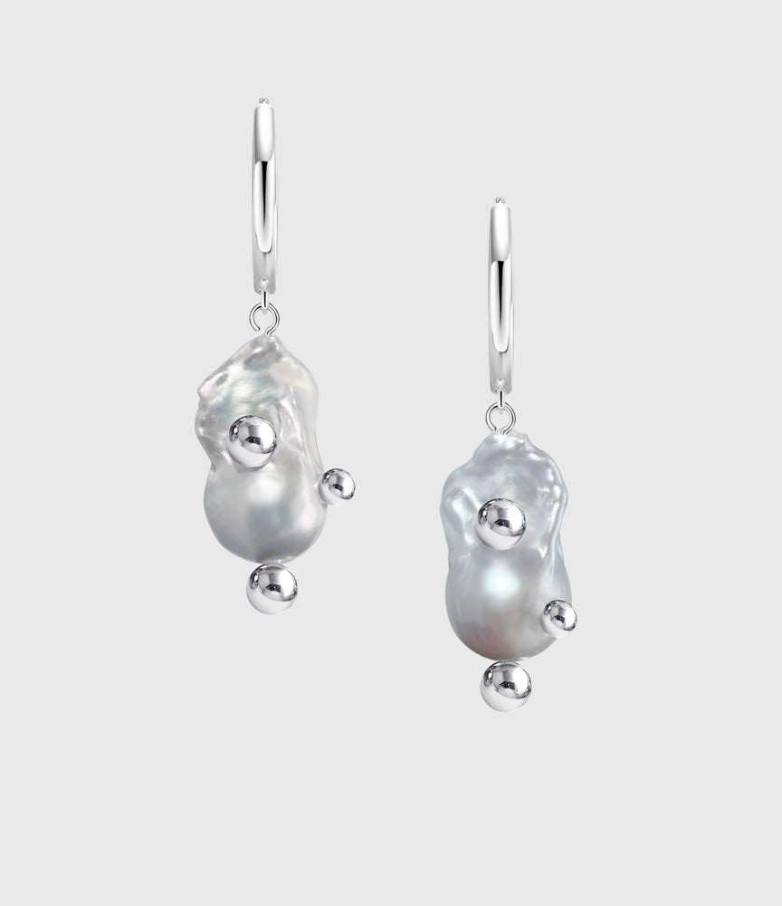 Orbita Nova Silver Pearl Hoop Drop Earrings